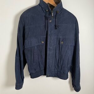 Vintage Adventure Bound Suede leather Navy Blue Bomber Jacket with Liner